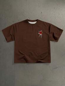 StoneGrade Men's Letter & Floral Print Casual Loose Fit Drop Shoulder Round Neck T-Shirt - Brown - View 3