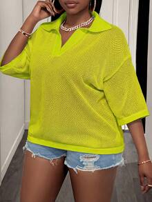 Slaydiva Loose Fit Solid Color V-Neck Drop Shoulder Hollow Out Knit Casual Blouse For Plus Size Women, Spring/Summer - Mint Green - View 8