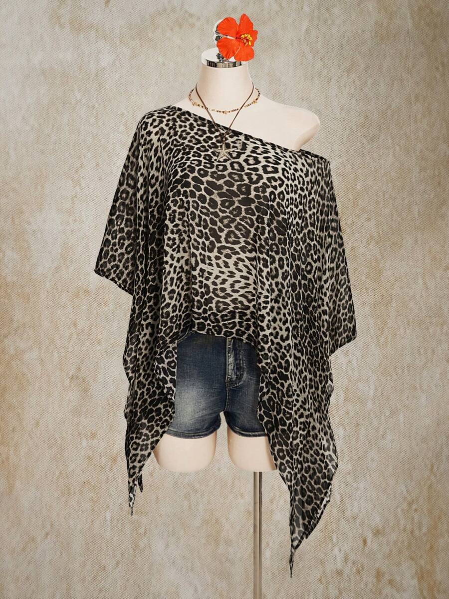 SHEIN ICON Plus Size Women Leopard Print Oblique Shoulder Casual Versatile Daily Wear Top - Grey - View 1