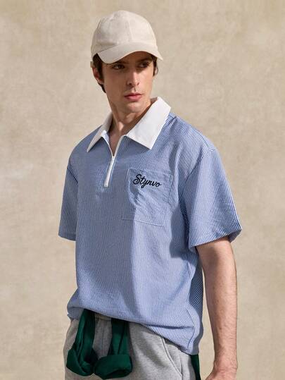 Courvante Men's Striped Letter Embroidery Casual Versatile Commute Short Sleeve Shirt Half Zip Shirt Men Short Sleeve Polo Mens Streetwear Shirts Men Boxy Shirts Striped Polo Shirt