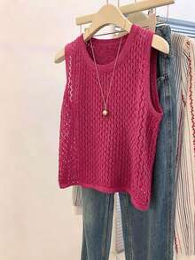 Nubod Áo vest len cổ tròn màu xanh navy thắt dây, thời trang tối giản, đa năng dành cho nữ cỡ lớn năm 2026, phù hợp mặc hàng ngày. - Hồng - Xem 5
