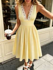 Pariaura Women's Contrast Lace Deep V-Neck Sleeveless Midi Dress Golf White Summer - Light Yellow - View 4