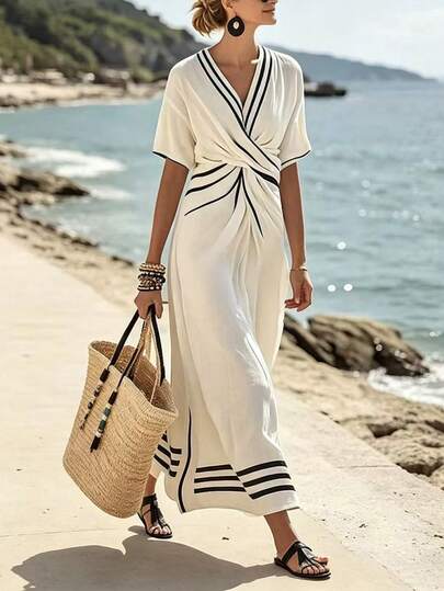 SHEIN Holidaya Đầm chữ A tay ngắn cổ chữ V eo chun dành cho nữ, đầm xuân hè, đầm thanh lịch, đầm thường ngày, phù hợp cho công sở, hẹn hò, tiệc trà chiều, đa năng hàng ngày, phù hợp cho kỳ nghỉ biển.