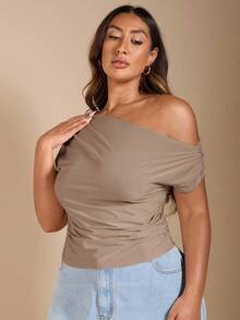 SHEIN BAE Plus Size Women's Off Shoulder Short Sleeve Black T-Shirt - Camel - View 5