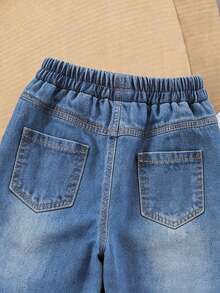 Baby Girls' Summer Washed Comfortable Loose Wide Leg Elastic Waist Straight Fit Mid-Blue Denim Jeans - Blue - View 4