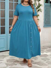 SHEIN CURVE+ Curve Size US22Music Festival, Seaside Vacation, Bohemia Women's Solid Color Button Decoration Simple Daily Short Sleeved Dress, Dress With Pockets - Blue - View 4