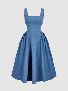 SHEIN MOD Plus Size Summer Casual Cinched Waist Zip Back Denim Dress - Blue - View 1