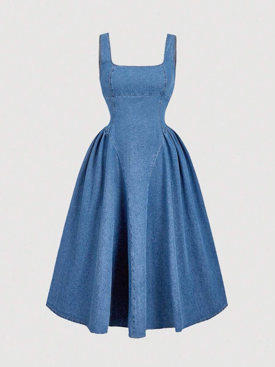SHEIN MOD Plus Size Summer Casual Cinched Waist Zip Back Denim Dress - Blue - View 1