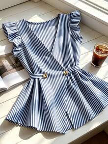 Franclia Summer Shirts, Elegant Shirts, Casual Shirts, Everyday Shirts, Vacation Shirts, Beach Shirts, Work Shirts, Striped Shirts, Blue-And-White Striped Ruffled-Sleeve Shirts Spring, Summer, Autumn And Winter For Women Elegant Blouses Casual Blouses Formal Blouses Country Blouses Business Blouses Mother's Day Blouses Beach Blouses Graduation Blouses Blue Blouses - Multicolor - View 3