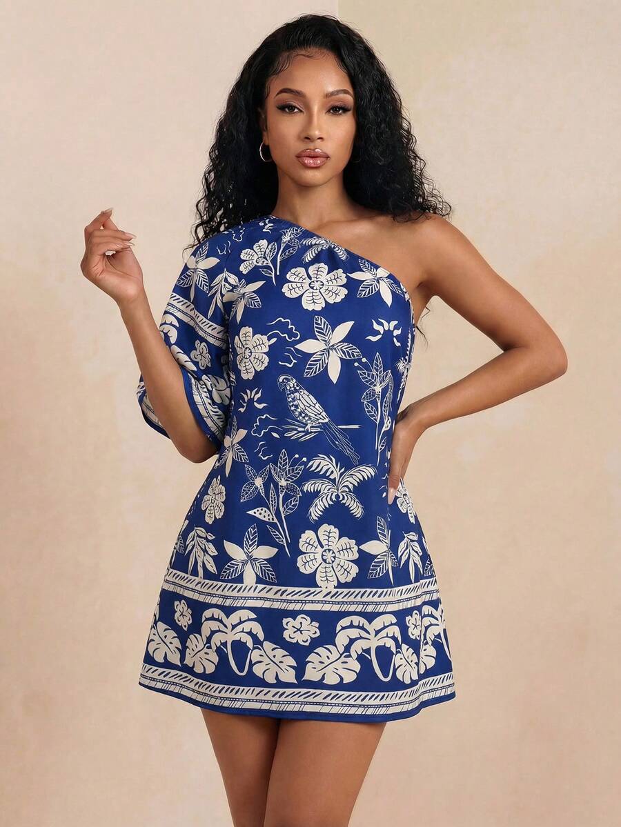 Eryvara Đầm nữ kiểu dáng thường ngày in họa tiết lá cây, cổ lệch (kiểu hoa) - Màu xanh lam - Xem 1