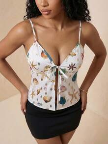 Eryvara Women's Summer Vacation Shell Print Front Tie Camisole - Apricot - View 6