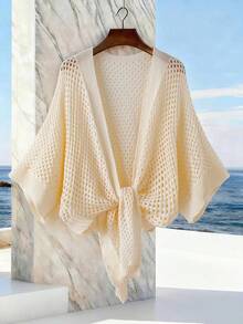 GlowEve CURVE Áo khoác cardigan dệt kim dáng rộng đa năng mùa xuân/hè, cổ chữ V sâu kết hợp tay áo cánh dơi tôn dáng, thắt eo tạo hiệu ứng thon gọn, dễ phối với áo hai dây, váy, phù hợp cho đi làm, hẹn hò, tiệc trà chiều, nhẹ nhàng nhưng vẫn thanh lịch. - Màu be - Xem 1