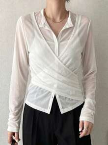 FRIFUL Women's Criss-Cross Strap Sheer Open Front Solid Color Top T-Shirt Office White Autumn Elegant Minimalist Long Sleeve - White - View 5