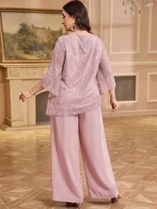 Reflora Plus Size Elegant Solid Color Lace Blouse And Pants 2 Pieces Set - Baby Pink - View 10