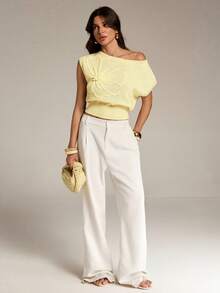 SHEIN Tall Áo dệt kim nữ màu trơn, kiểu dáng lệch vai, thích hợp cho kỳ nghỉ hè, nghỉ xuân, dự tiệc, đi biển, mùa xuân, ngày Valentine, kỳ nghỉ nhiệt đới, trang phục Bohemian, trang phục Ibiza, phong cách phương Tây. - Màu vàng - Xem 8