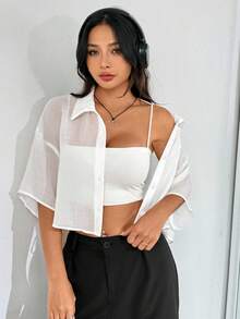 SHEIN EZwear 大码女式夏季休闲纯色透明短款衬衫上衣 - 白色 - 查看 3