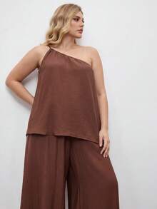 Maija Plus Size Brown Summer Casual Business Vacation Linen 2 Piece Set For Women, Sleeveless One Shoulder Top And Wide Leg Pants Outfits Gym - Rust Brown - View 5