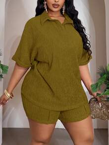 Slaydiva Plus Size 2-Piece Set:Loose Collared T-Shirt With Rolled Cuffs & Bodycon Shorts,Knit Stretch Fabric,Summer,Smart Casual,Vacation,Olive Green Outfits - Green - View 7