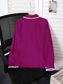 SHEIN LUNE Plus Size Women Contrast Color Single-Breasted Long Sleeve Shirt - Purple - View 2