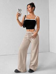 SHEIN PETITE Comfortable And Casual Plain Knitted Low-Rise Wide-Leg Women's Sweatpants - Camel - View 4