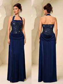 Coutiva High-End Evening Gown, Luxury Sequin Patchwork Elegant Party Dress - Royal Blue - View 2