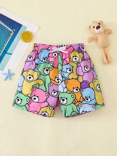 SHEIN Quần short đi biển dáng rộng, thời trang thường ngày, in hình gấu hoạt hình dễ thương, thích hợp cho bé trai, mùa hè, đi biển, hoạt động ngoài trời và bơi lội.