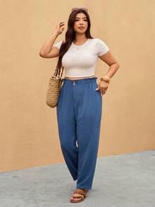 SHEIN Frenchy Quần skinny cạp chun kiểu túi giấy màu trơn dành cho nữ cỡ lớn, thích hợp mặc đi nghỉ mát và đi làm. - Màu xanh hải quân - Xem 6
