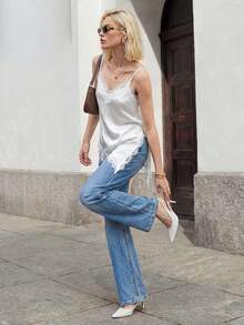 SHEIN ICON 女士仿丝绸和白色蕾丝高弹力优雅上衣，通勤、甜美、休闲和派对的完美之选，带来精致而轻松的感觉。 - 米色 - 查看 7