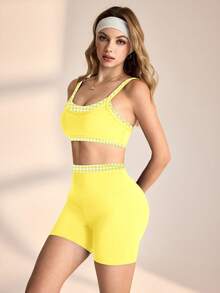 SHEIN Unity 女士格子拼接多功能背心和休闲短裤两件套，户外运动 - 黃色 - 查看 7