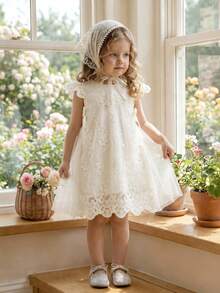 Souflis Souflis Vestido de fiesta de malla bordada color albaricoque para niña, estilo princesa adecuado para cumpleaños, boda, ropa elegante para niña bebé - Albaricoque - Ver 2