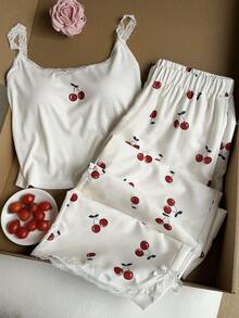 Comfortcana Fruit Print Lace Trim Camisole And Tank Top 2-Piece Set, Casual Sweet Style For Plus Size, Spring/Summer - White - View 8
