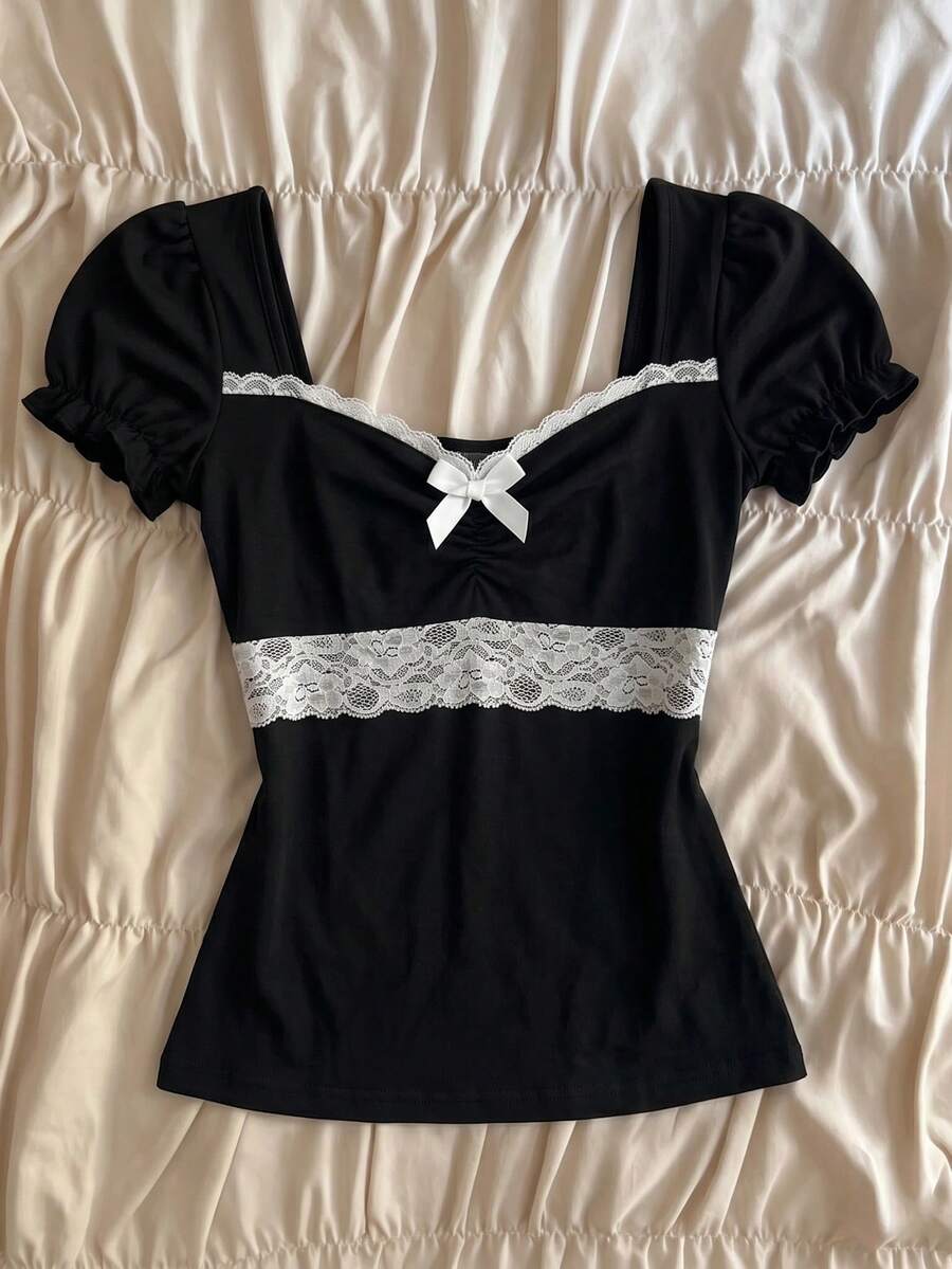 SHEIN Blusa Casual Feminina com Recortes em Renda e Blocos de Cor, Verão - Preto - Visão 1