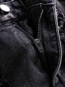 Manfinity Denimwave Men's Casual Distressed Frayed Hem Printed Black Denim Shorts Gothic Men Shorts Punk Pants Men - Black - View 3