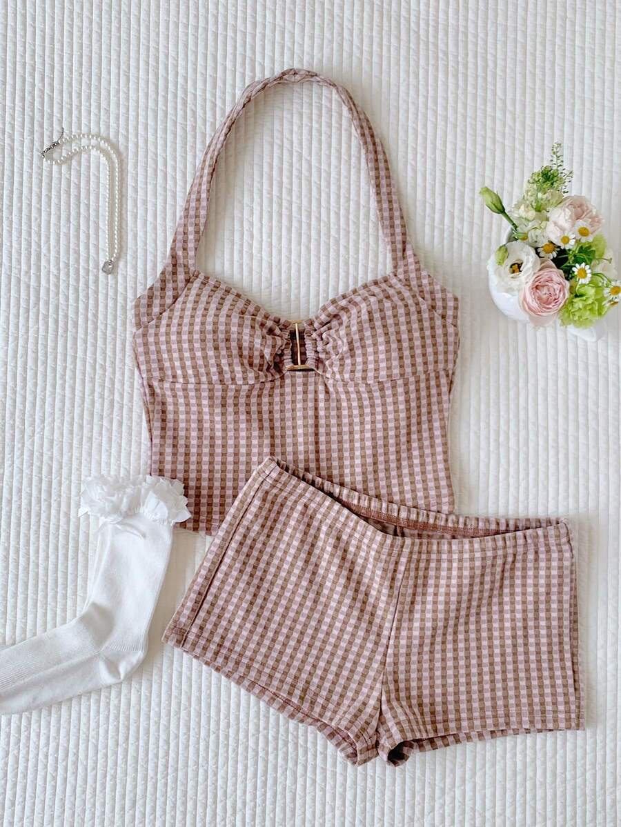 Comfortcana Women's Plaid Halter Top And Super Short Shorts Set - Pink - View 1