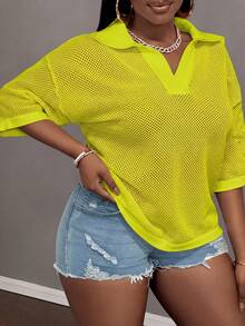 Slaydiva Loose Fit Solid Color V-Neck Drop Shoulder Hollow Out Knit Casual Blouse For Plus Size Women, Spring/Summer - Mint Green - View 6