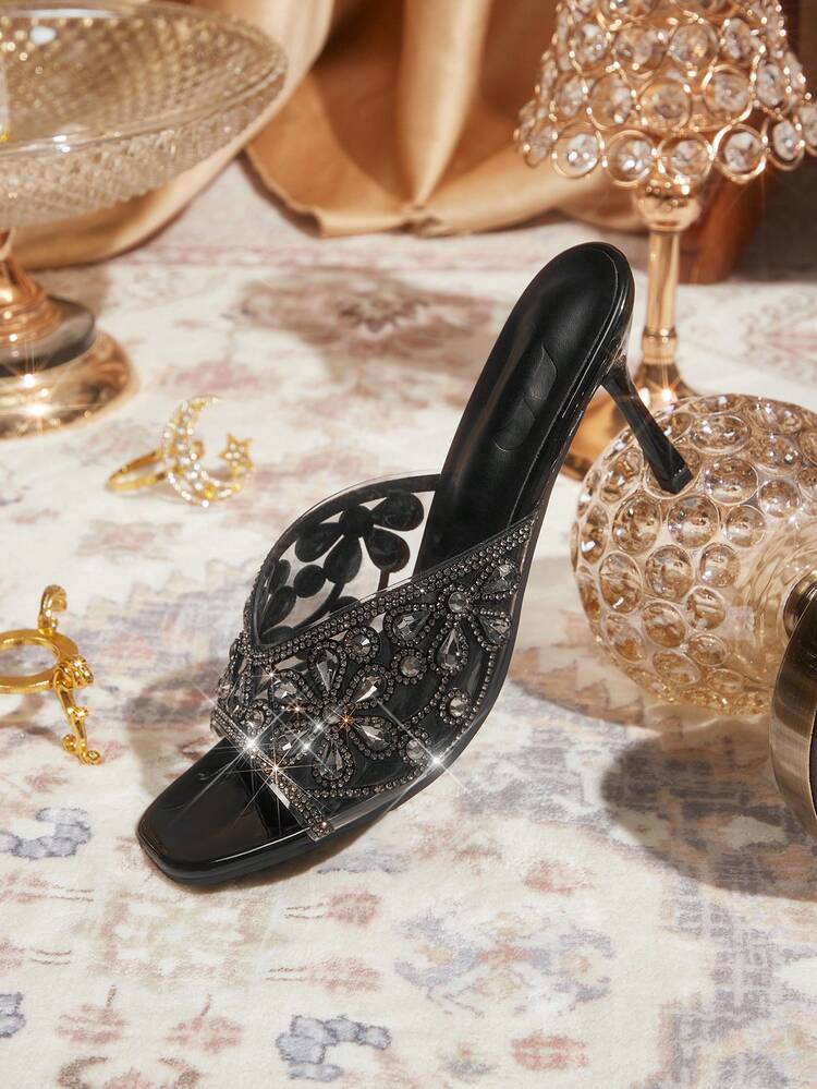 CUCCOO TILAWA Ladies Fashion Square Toe Transparent TPU Rhinestones Sexy Evening Party Party Style Simple Backspace Stiletto High Heel Sandals