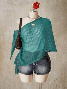 SHEIN ICON Plus Size Women Elegant Vacation Asymmetrical Shoulder Loose Knit Top - Blue - View 4