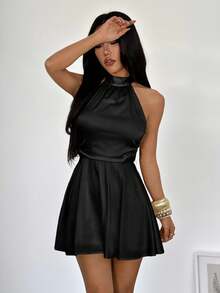 SHEIN PETITE Đầm ngắn cổ yếm xoắn nhún màu trơn không lưng dành cho nữ, đầm mùa thu cho nữ, đầm Giáng sinh, đầm năm mới, đầm Lễ Tạ ơn, đầm dự tiệc thanh lịch, đầm dự đám cưới, đầm dạ hội, đầm trang trọng, đầm dạ tiệc sang trọng cho đám cưới - màu đen - Xem 3