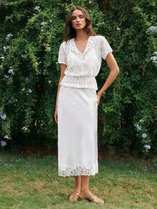 Rafferiza 女士蕾丝V领荷叶边短袖衬衫，休闲时尚优雅露脐上衣，白色 - 白色 - 查看 4