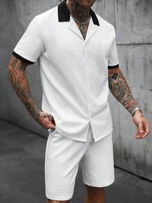 Manfinity CasualCool Bộ đồ nam thường ngày gồm áo sơ mi và quần short phối chất liệu tương phản, thích hợp cho mùa xuân/hè. - Đen và trắng - Xem 5