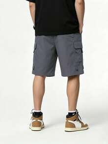 Manfinity Homme Celana Pendek Kargo Pria Musim Panas Kasual Gaya Jalanan dengan Saku Kancing Jepret - Dark Grey - View 6