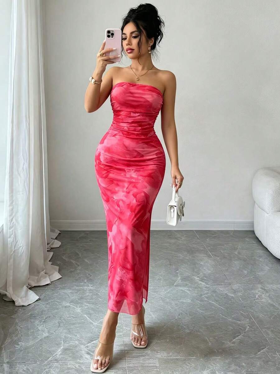 扎染开叉大腿管紧身连衣裙长款女装