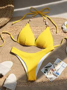 Bellisia Women's Summer Beach Solid Color Halter Tie Sexy Bikini Swimwear Set - Yellow - View 3