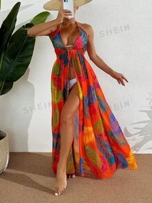 Vaytide Vestido cubre todo de cuello halter para mujer con estampado tropical de plantas, ajustado a la cintura con corbata y diseño para envolver alrededor del Body en la playa en verano - Naranja Quemada - Ver 6