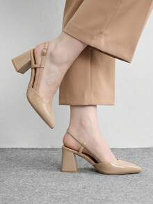 CUCCOO BIZCHIC Women's Fashion Black Open Heel Pointed Toe Mid Chunky Heel Pumps, Classic Minimalist Design Suitable For Commute, Date, Party, Holiday, Wedding For Christmas Spring Shoes - Grey apricot - View 3