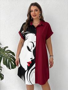 SHEIN LUNE Collared Portrait Red Lip Side Face Button Accent Short Sleeve Plus Size Dress - Multicolor - View 5