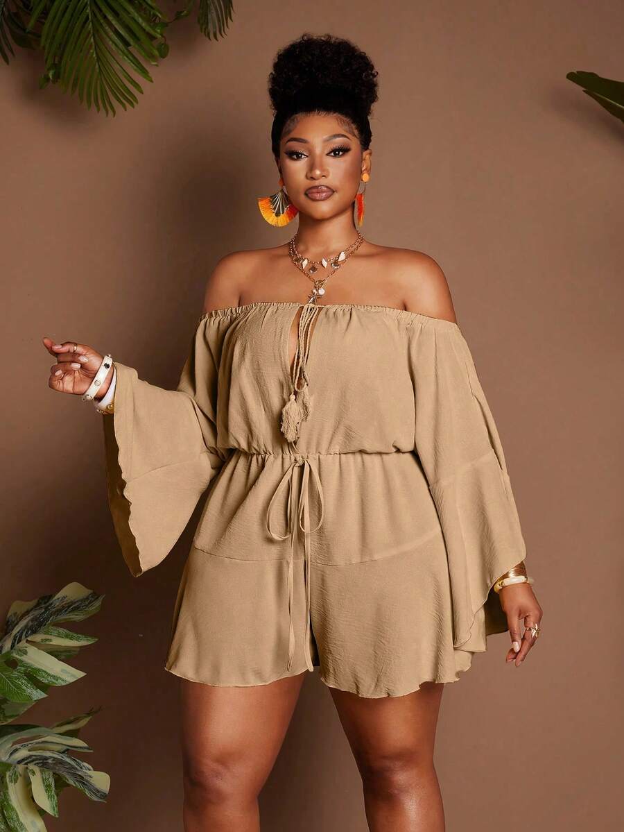 Maweii Women's Plus Size Off-The-Shoulder Sexy Vacation Jumpsuit - Khaki - View 1