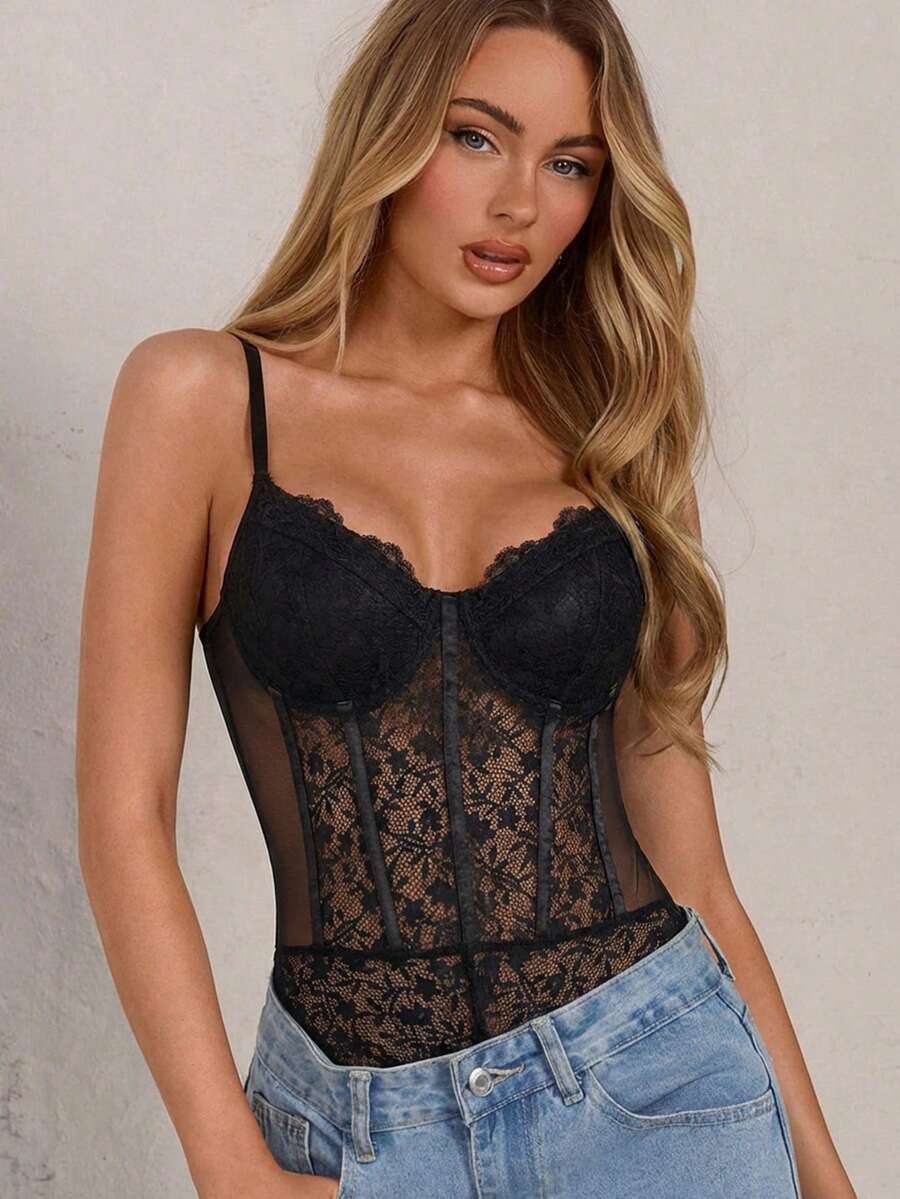 Glamine Charm 性感优雅蕾丝网纱拼接钢圈吊带背心 - 黑色 - 查看 1