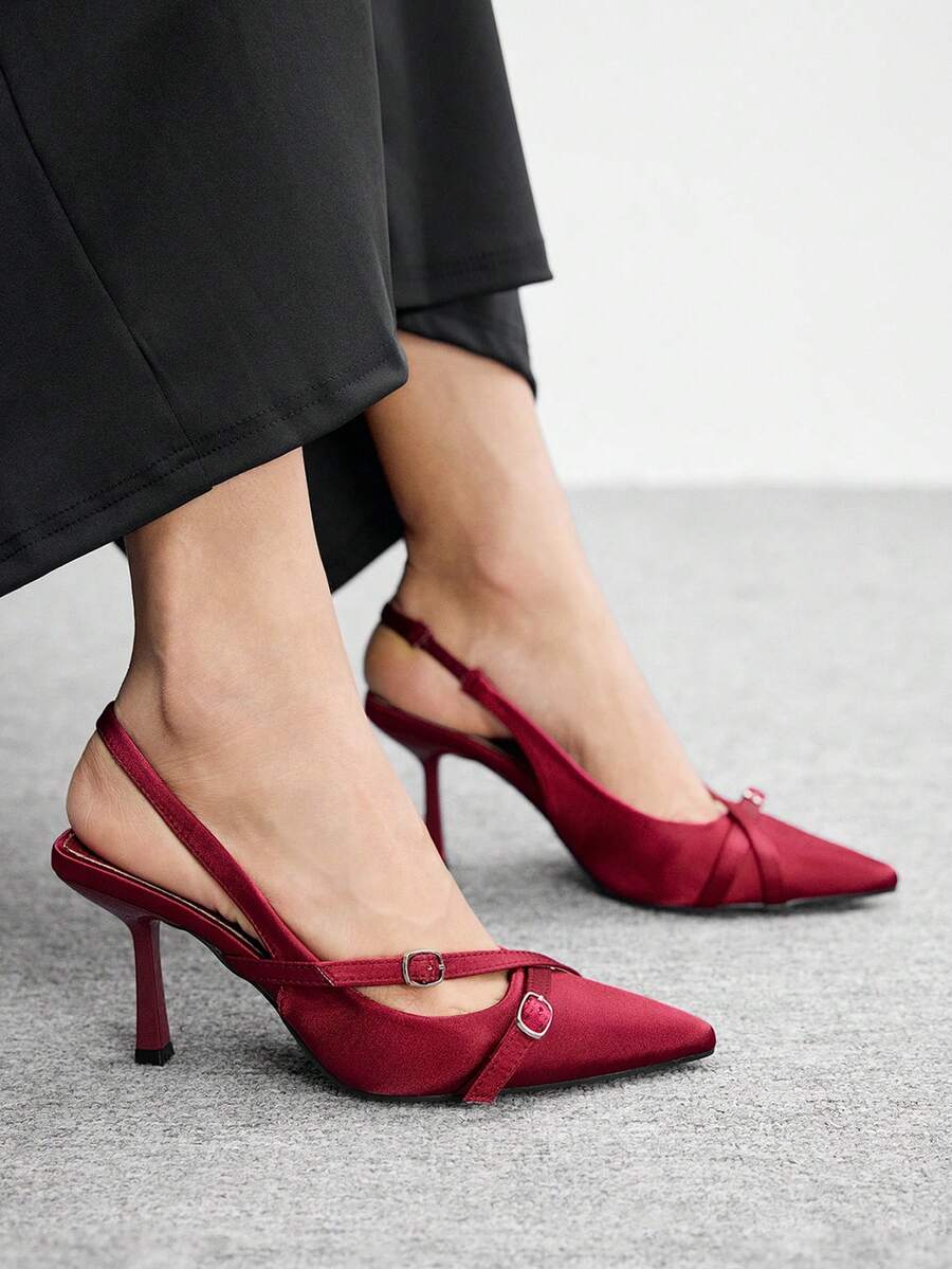 CUCCOO BIZCHIC 女士尖头性感后跟替换扣低鞋面细高跟通勤布多功能侧镂空女式高跟鞋 - 酒紅沙丁 - 查看 1