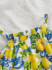 Baby Girl Lemon Print Ruffle Trim Romper, Comfortable & Cute, Suitable For Summer - Multicolor - View 5